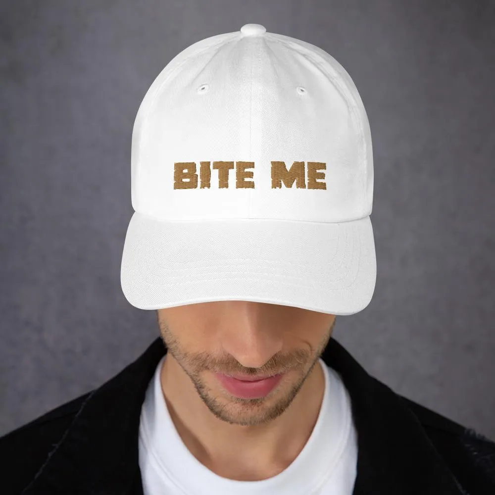 Bite Me Dad Hat - Camo or White & Gold