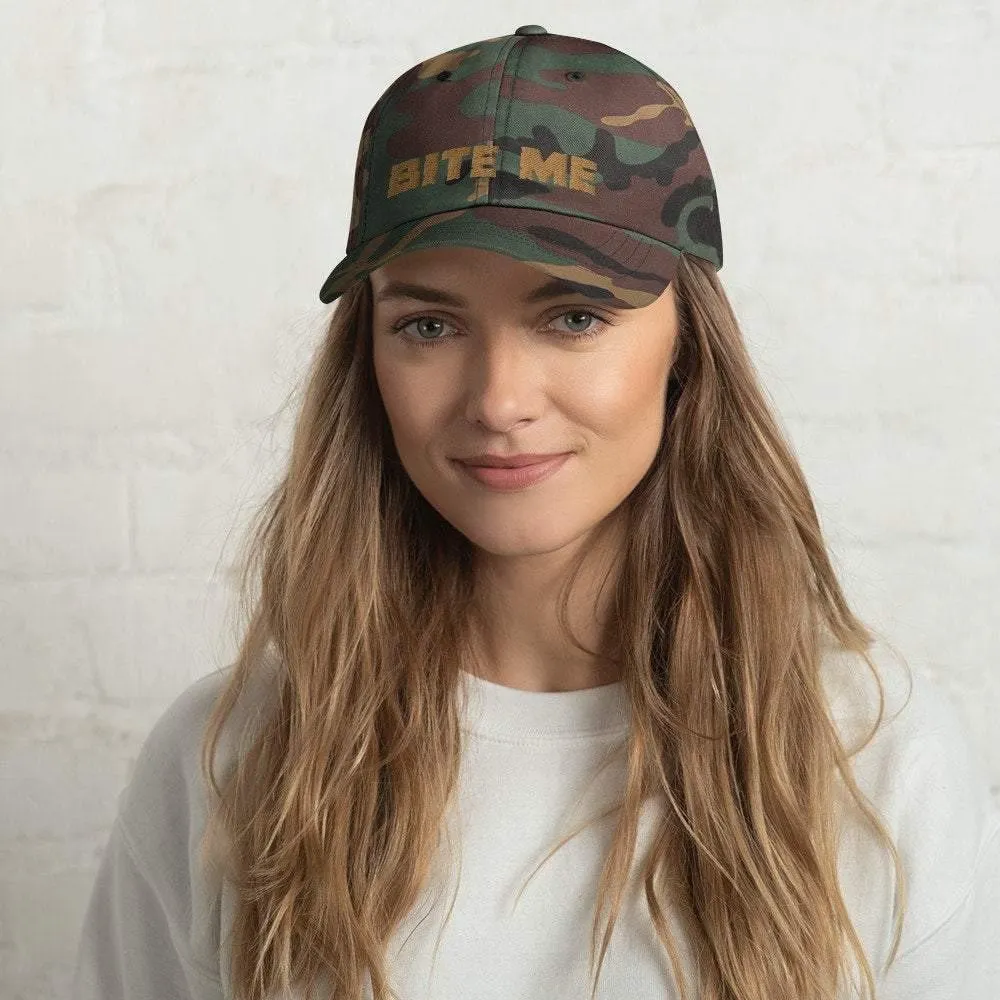 Bite Me Dad Hat - Camo or White & Gold