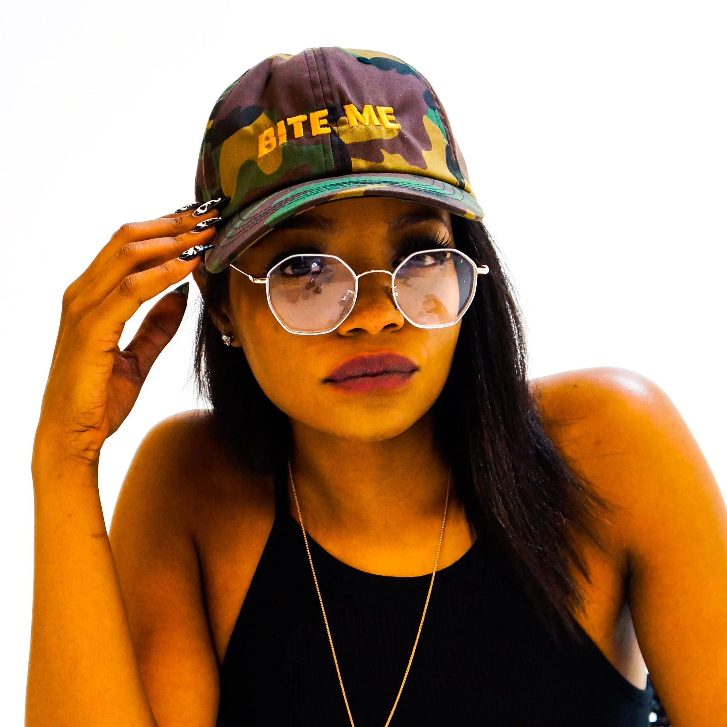 Bite Me Dad Hat - Camo or White & Gold