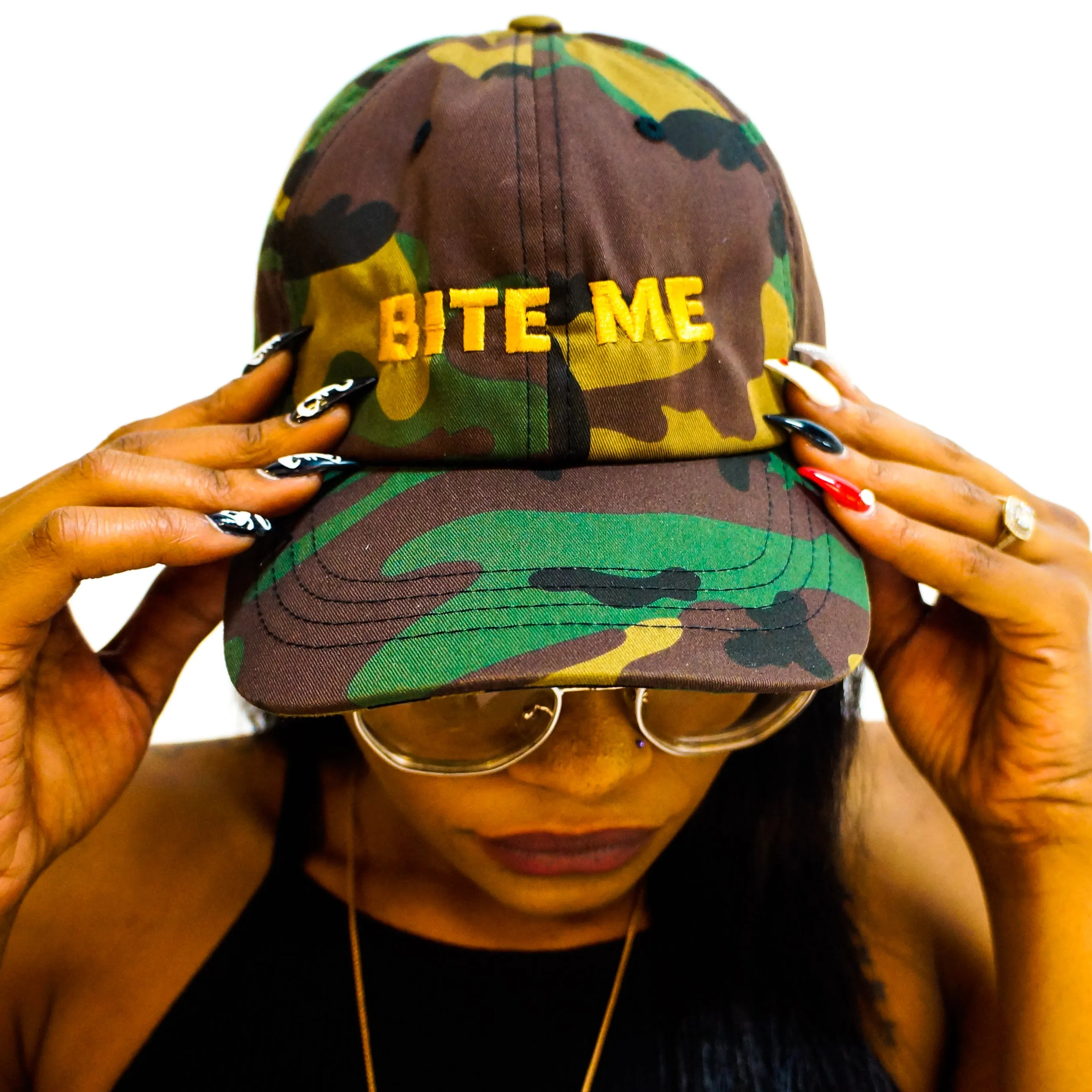 Bite Me Dad Hat - Camo or White & Gold