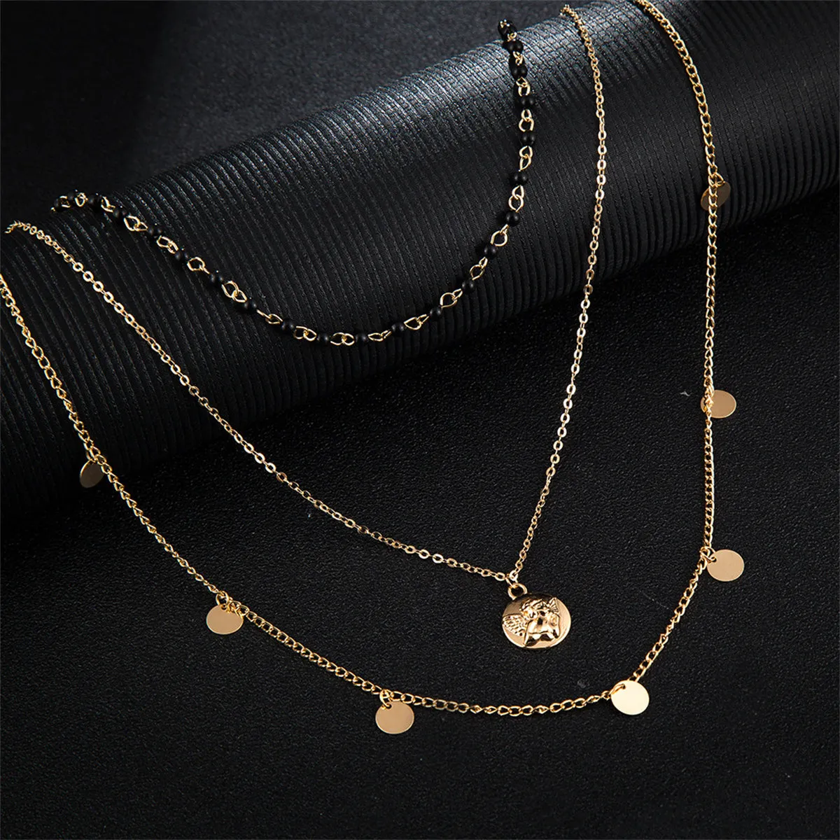 Black Acrylic & 18K Gold-Plated Layered Angel Round Pendant Necklace
