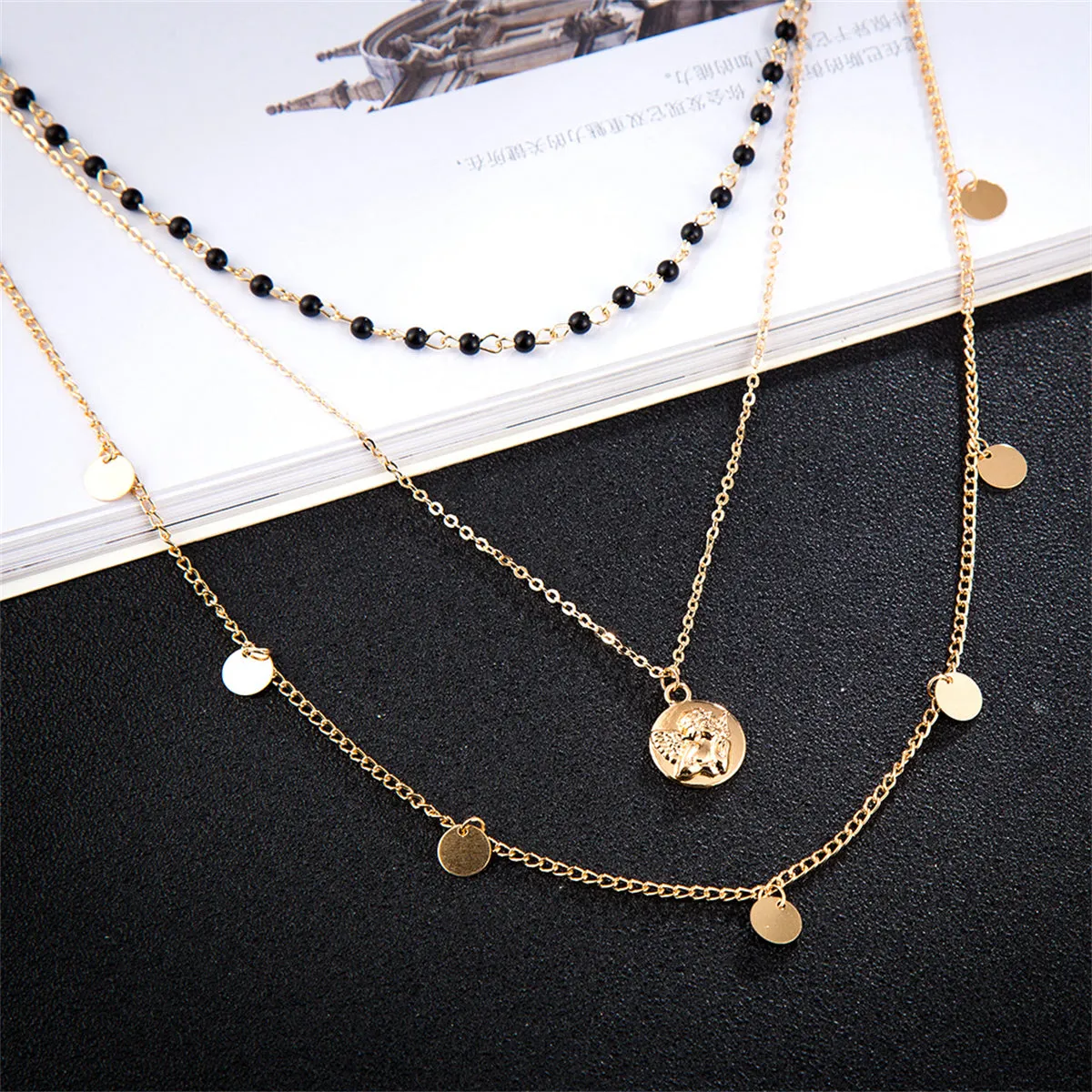 Black Acrylic & 18K Gold-Plated Layered Angel Round Pendant Necklace