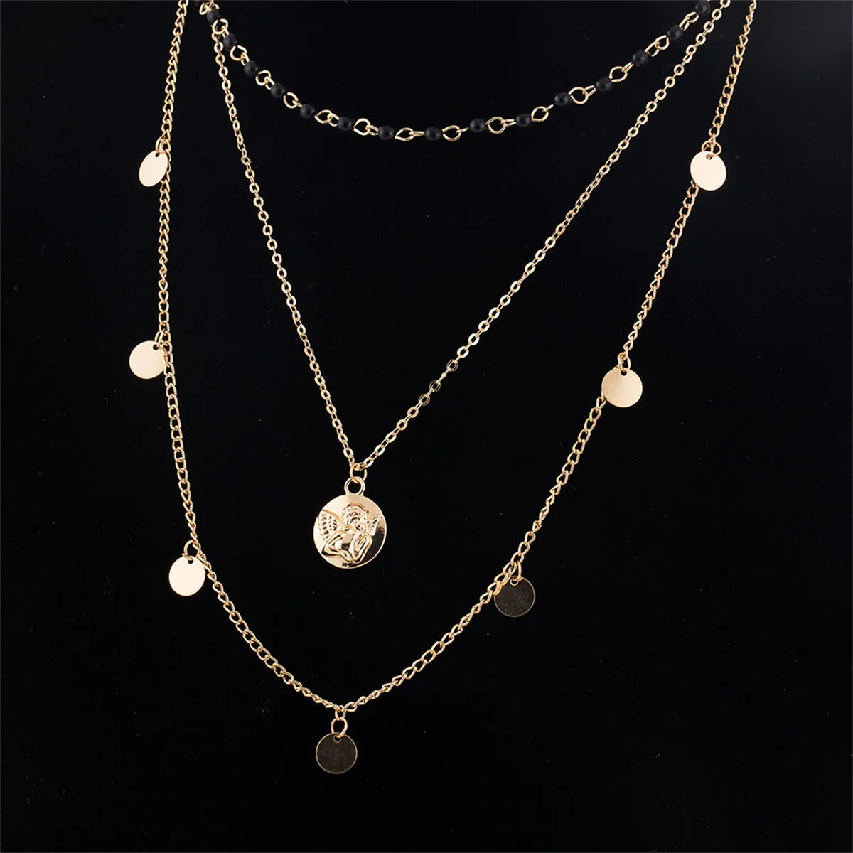Black Acrylic & 18K Gold-Plated Layered Angel Round Pendant Necklace