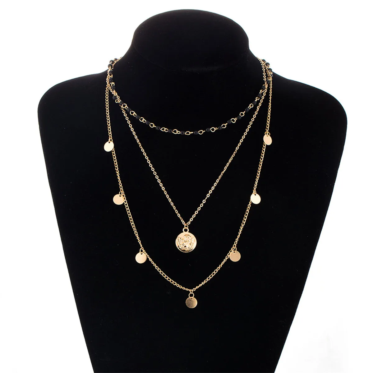 Black Acrylic & 18K Gold-Plated Layered Angel Round Pendant Necklace