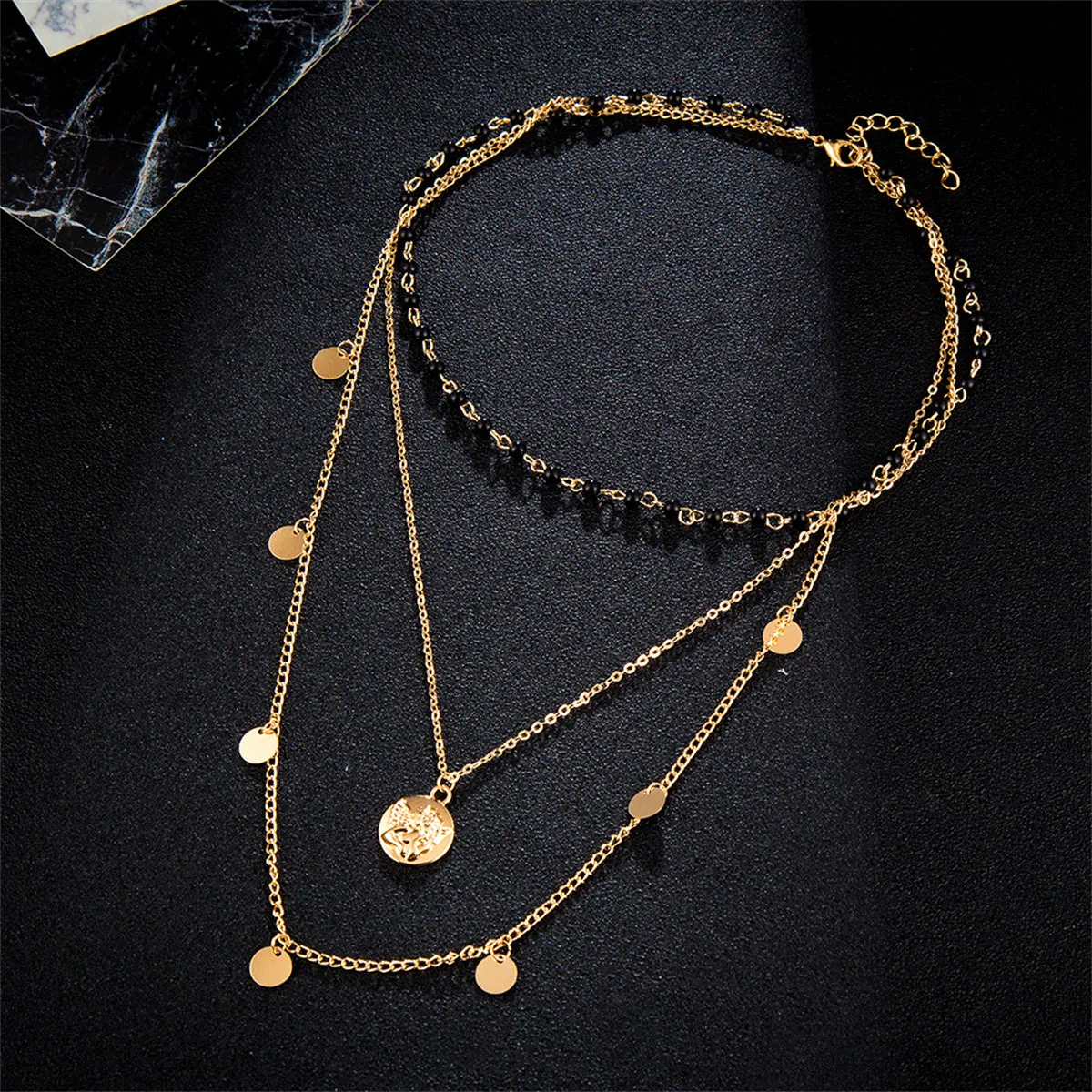 Black Acrylic & 18K Gold-Plated Layered Angel Round Pendant Necklace