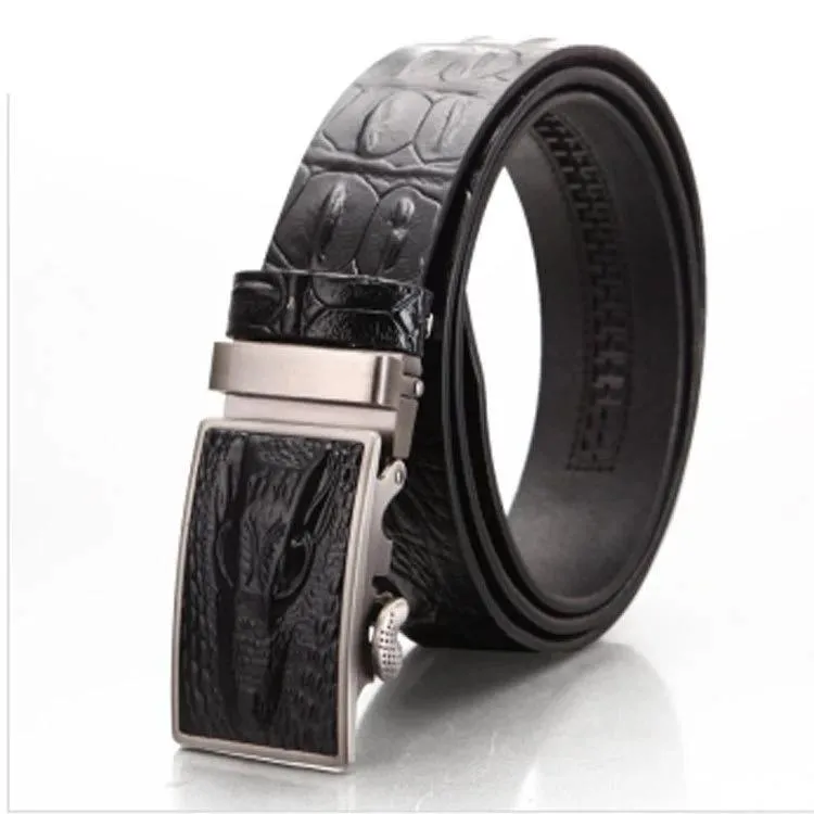 Black Alligator Adjustable Ratchet Slide Buckle Belt for Men - Genuine Leather Automatic Belt with