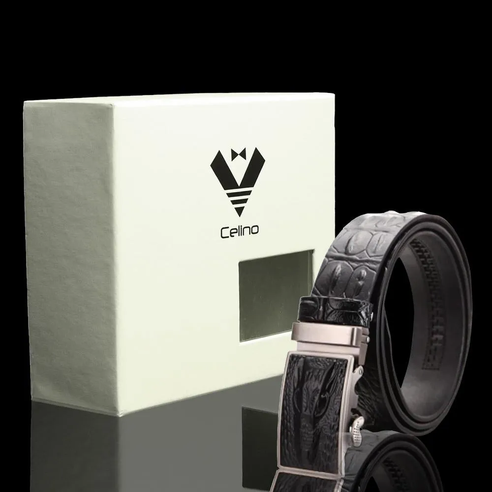 Black Alligator Adjustable Ratchet Slide Buckle Belt for Men - Genuine Leather Automatic Belt with