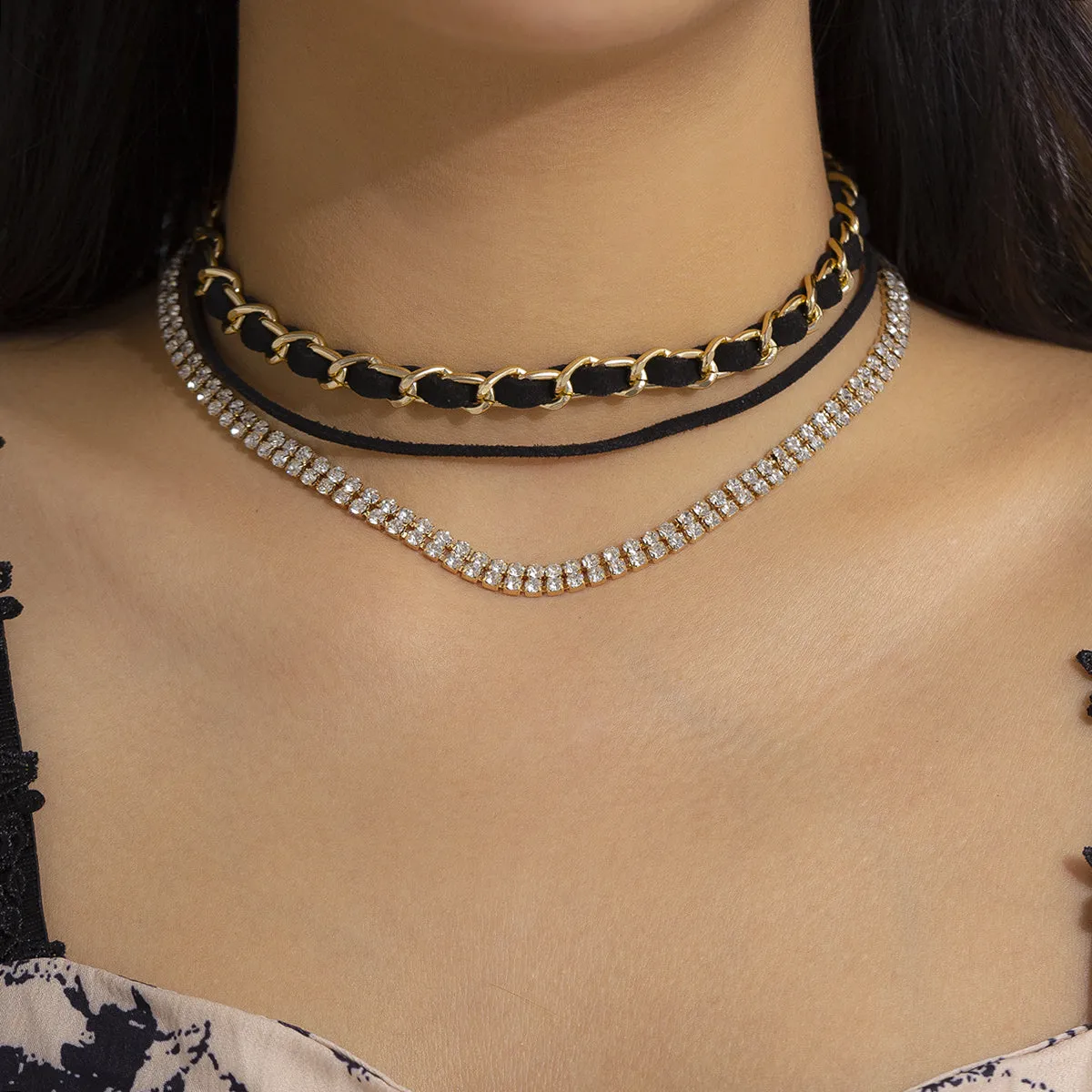 Black & Clear Cubic Zirconia Layered Three-Piece Choker Necklace Set