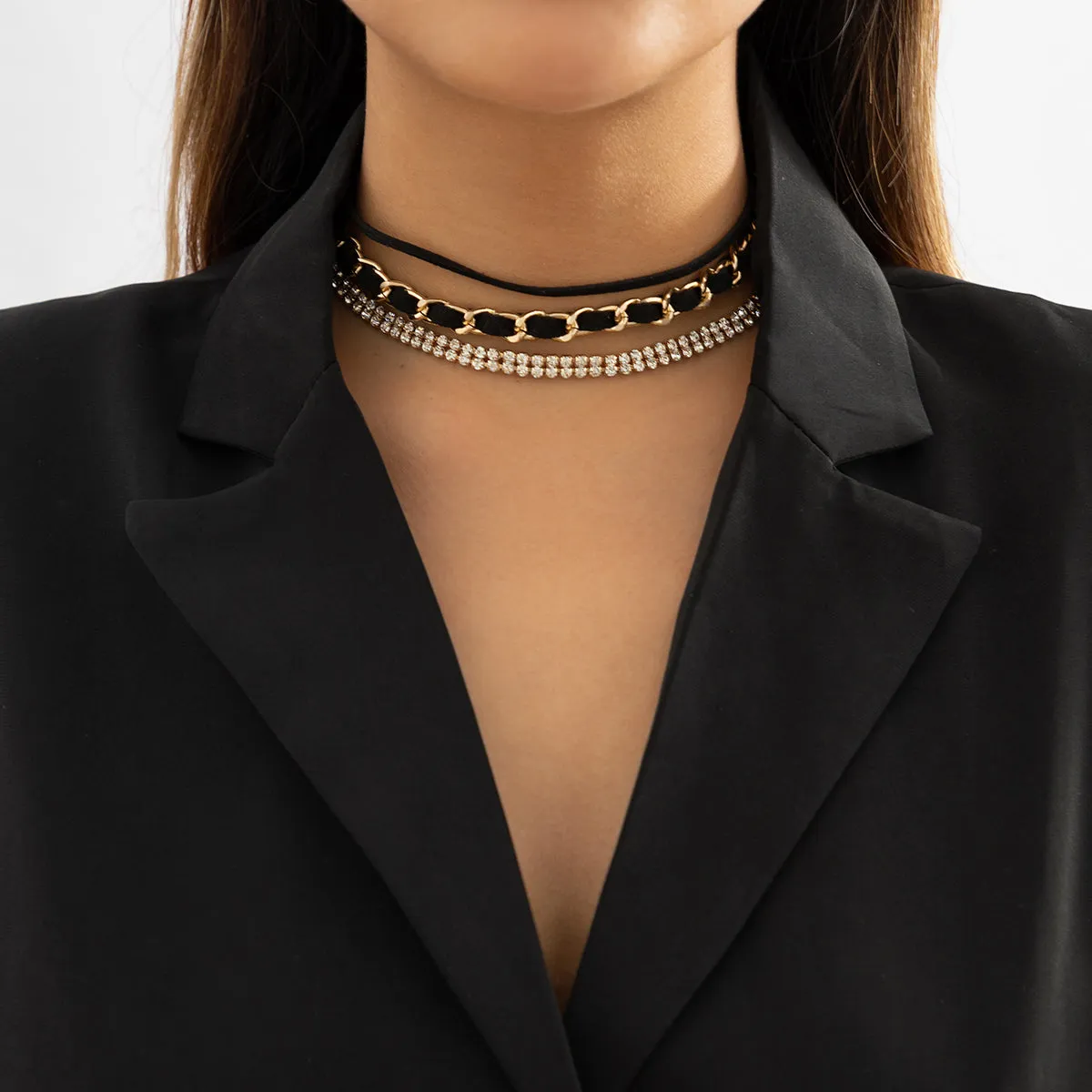 Black & Clear Cubic Zirconia Layered Three-Piece Choker Necklace Set