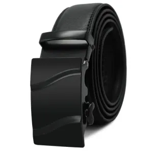 Black Belt Black Matte Buckle Mens Adjustable Ratchet Slide Buckle Belt - Genuine Leather