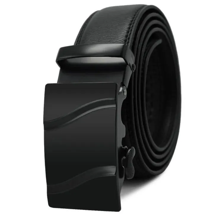 Black Belt Black Matte Buckle Mens Adjustable Ratchet Slide Buckle Belt - Genuine Leather