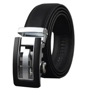 Black Belt Matte Silver Buckle Mens Adjustable Ratchet Slide Buckle Belt - Genuine Leather Automatic