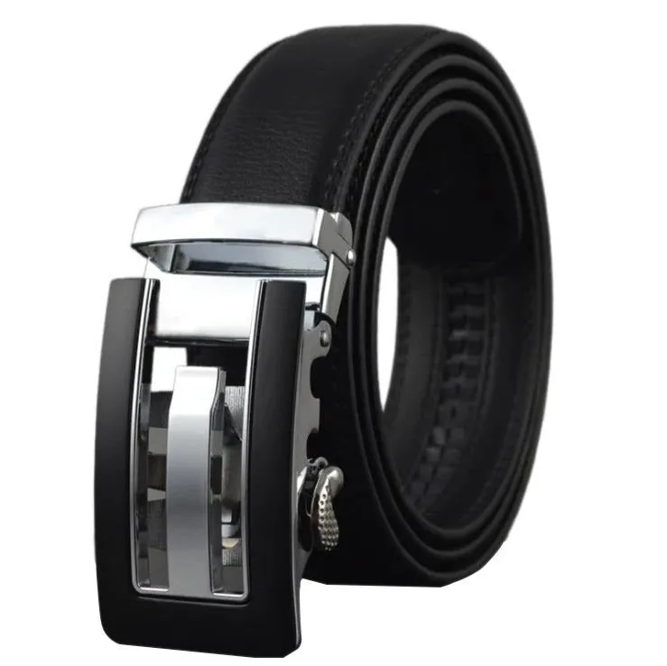 Black Belt Matte Silver Buckle Mens Adjustable Ratchet Slide Buckle Belt - Genuine Leather Automatic