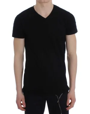 Black Cotton Stretch V-neck Beachwear T-shirt