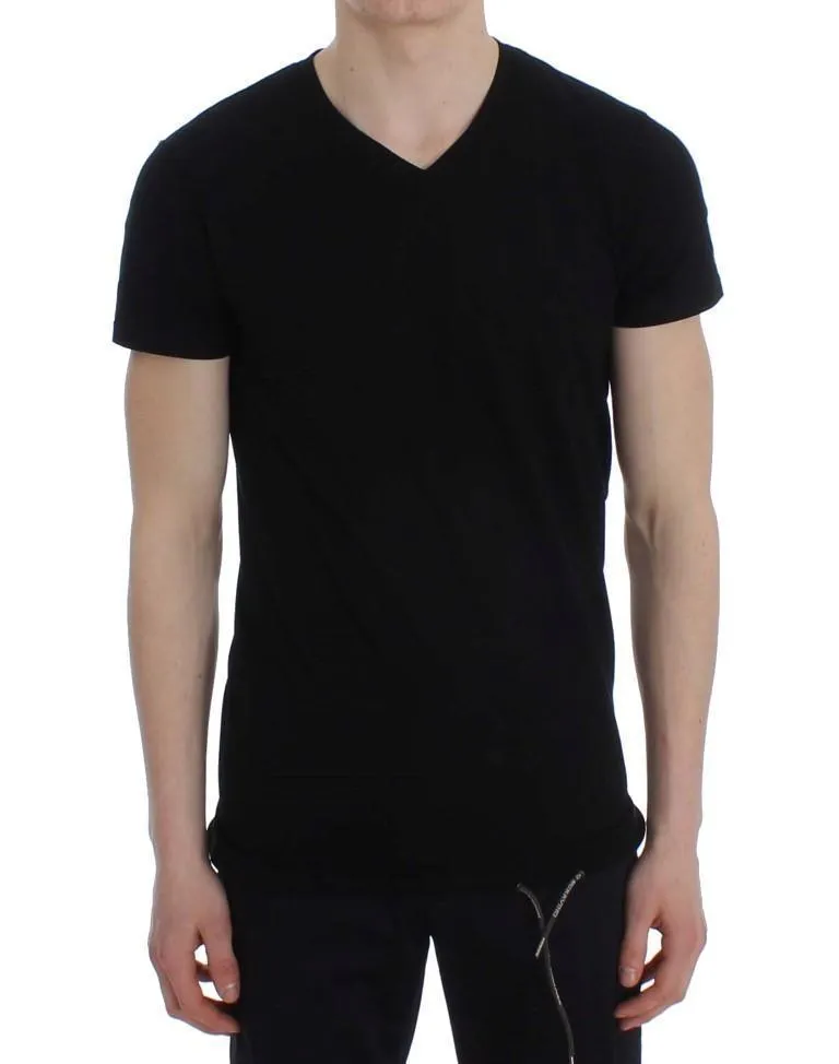 Black Cotton Stretch V-neck Beachwear T-shirt