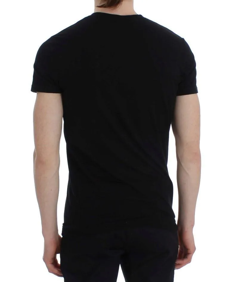 Black Cotton Stretch V-neck Beachwear T-shirt