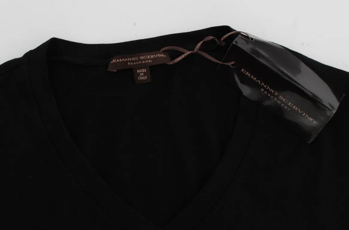 Black Cotton Stretch V-neck Beachwear T-shirt