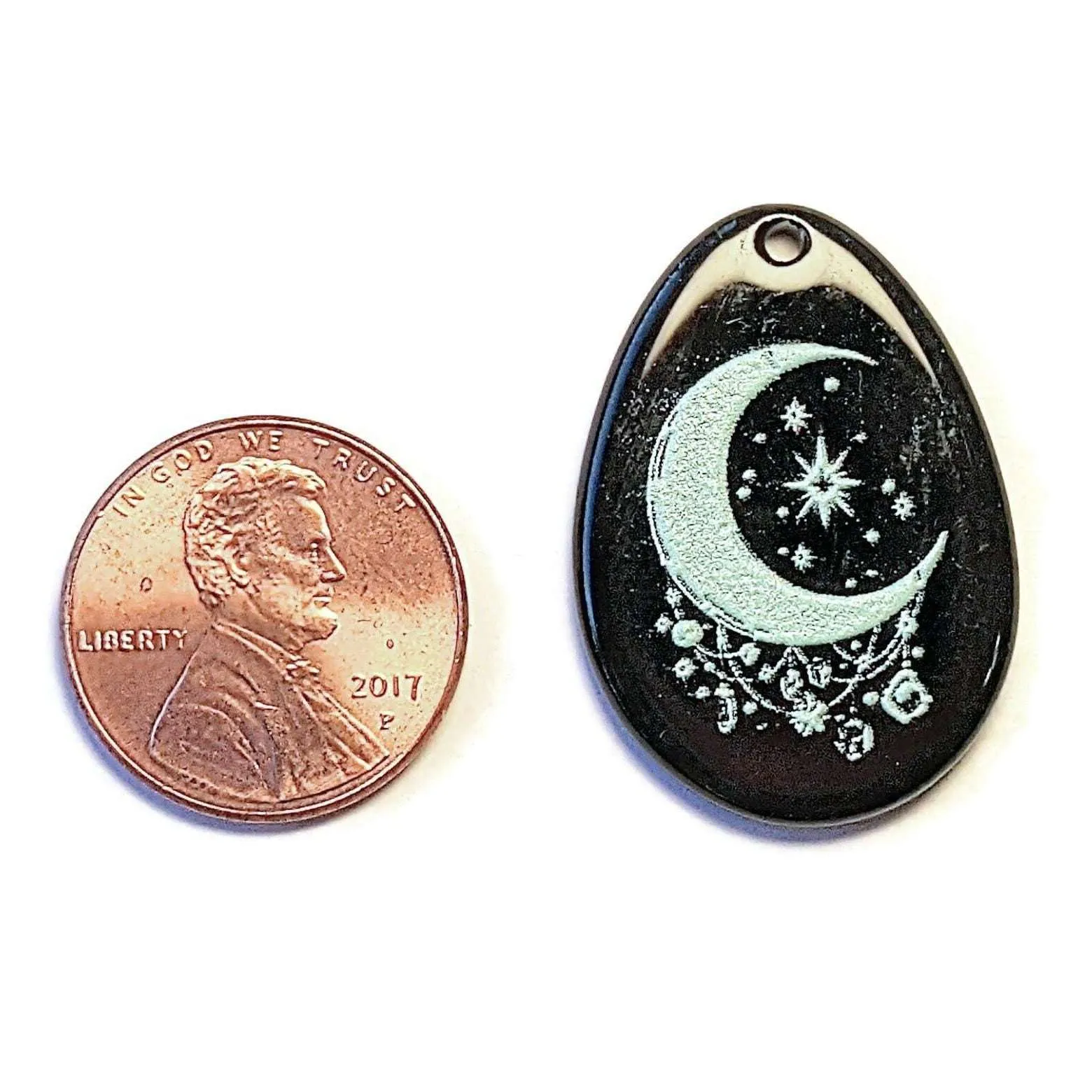 Black Crescent Moon & Stars Tear Drop Pendant