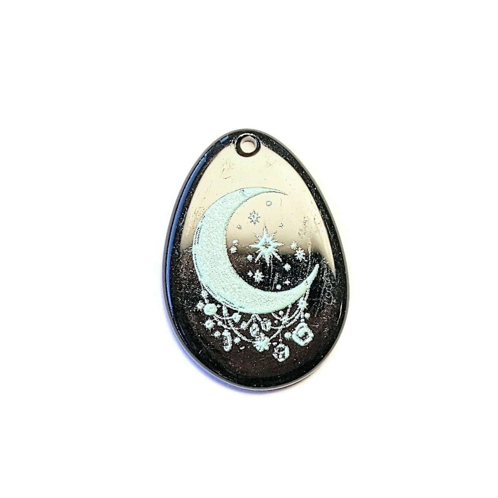 Black Crescent Moon & Stars Tear Drop Pendant