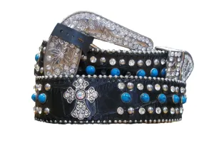 Black Gator Cross Bling belt w/Blue accents