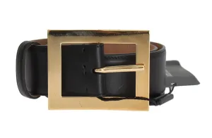 Black Leather Gold Buckle Wide Belt