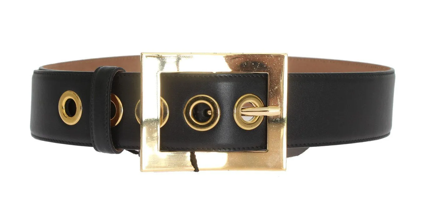 Black Leather Gold Buckle Wide Belt