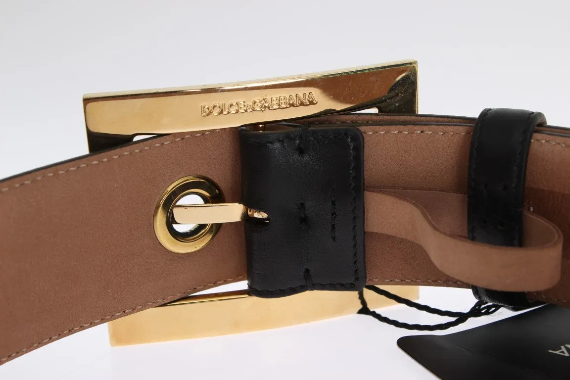 Black Leather Gold Buckle Wide Belt
