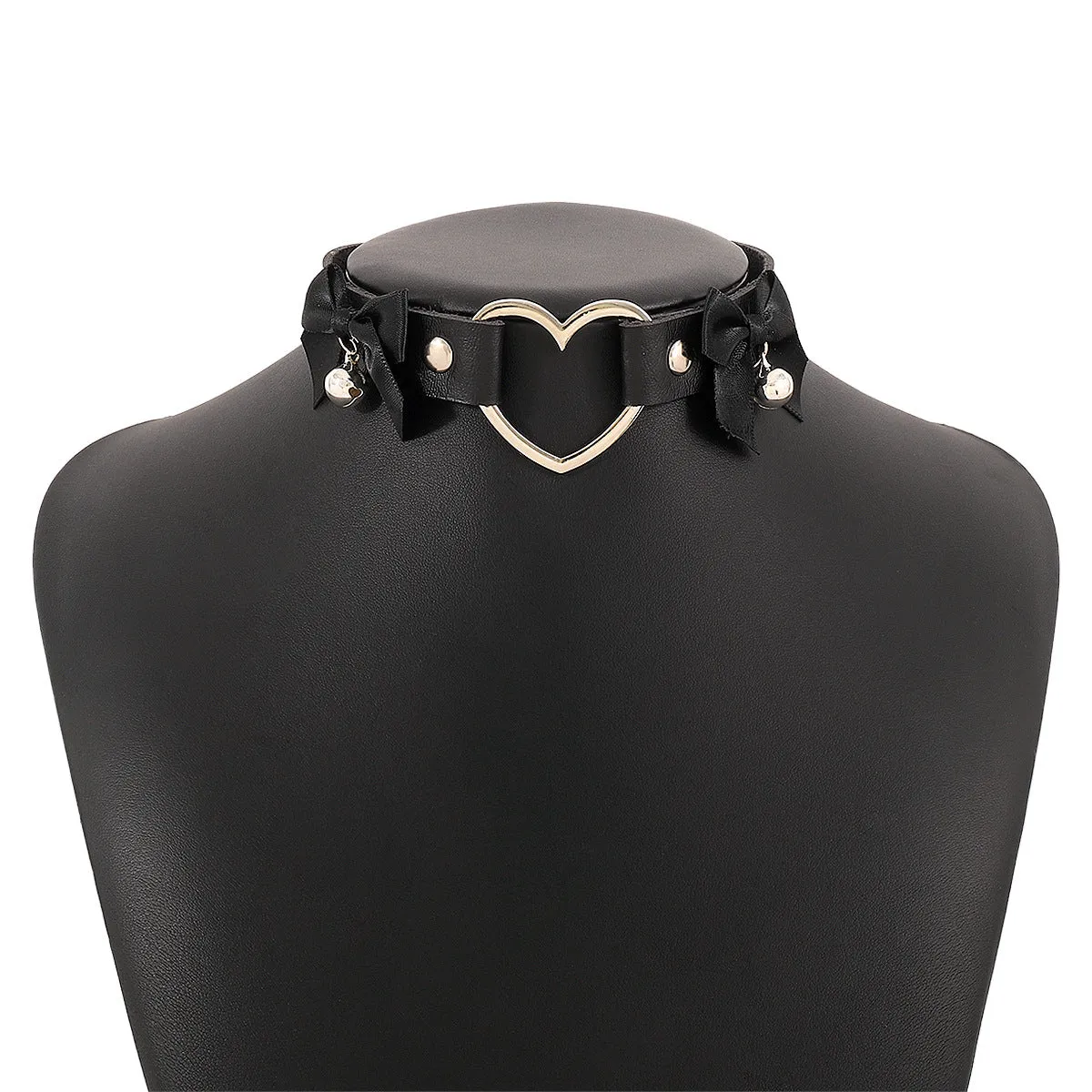 Black Polystyrene & Silver-Plated Heart Bell Choker Necklace