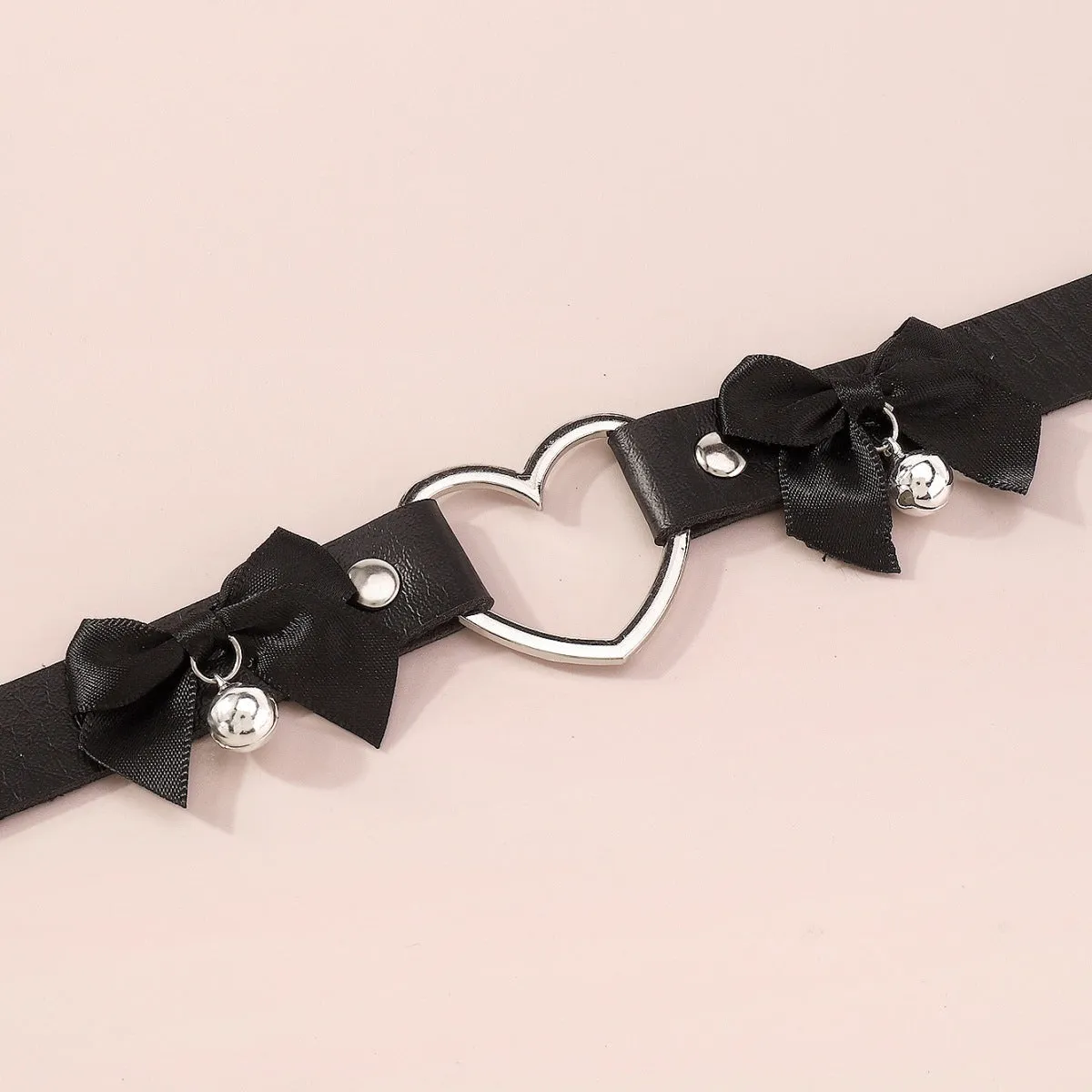 Black Polystyrene & Silver-Plated Heart Bell Choker Necklace