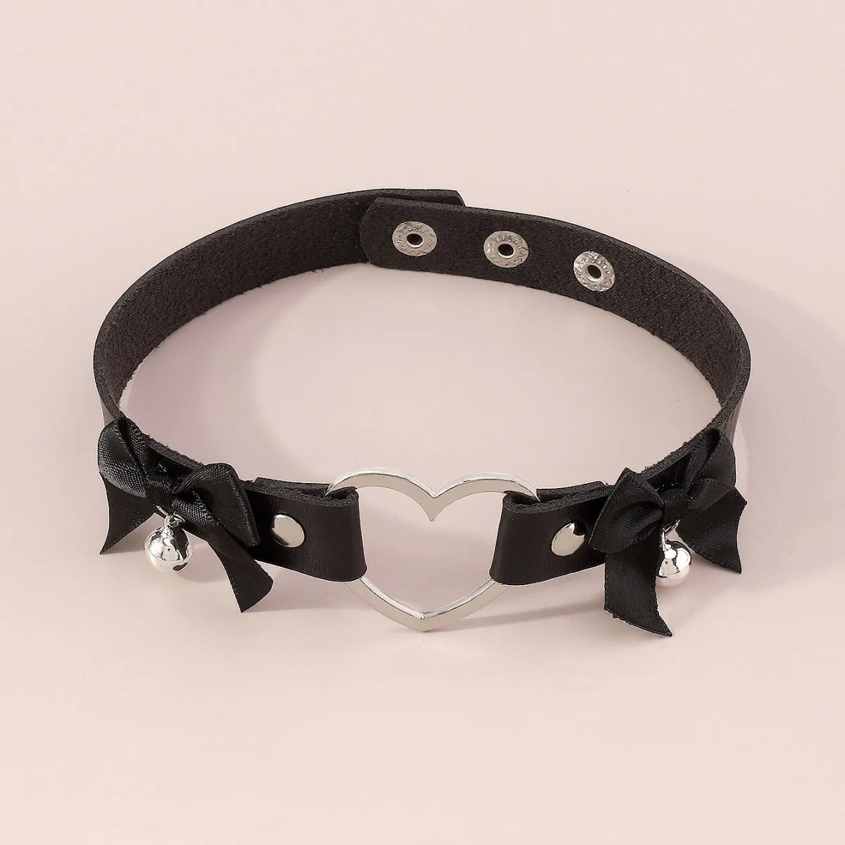 Black Polystyrene & Silver-Plated Heart Bell Choker Necklace