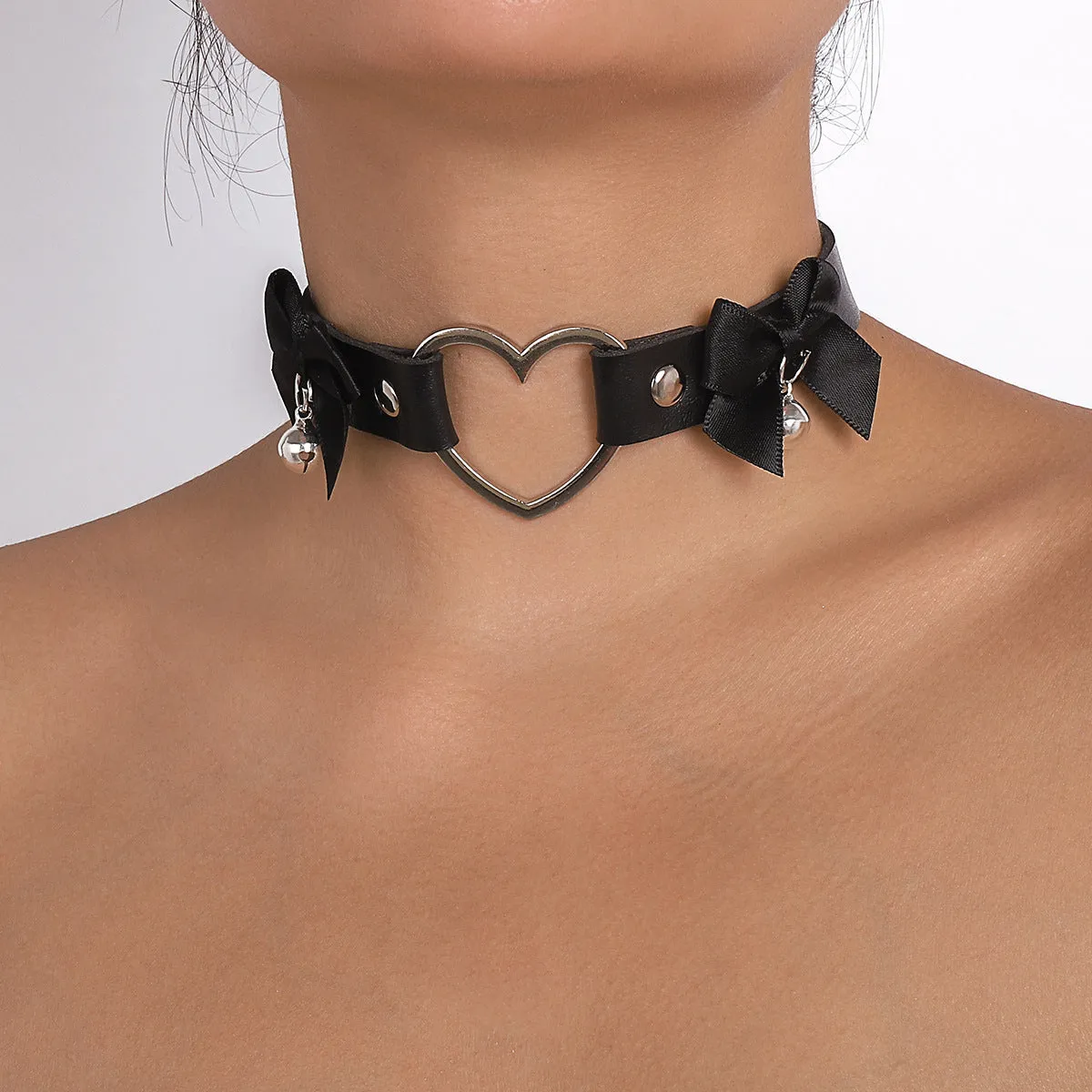 Black Polystyrene & Silver-Plated Heart Bell Choker Necklace