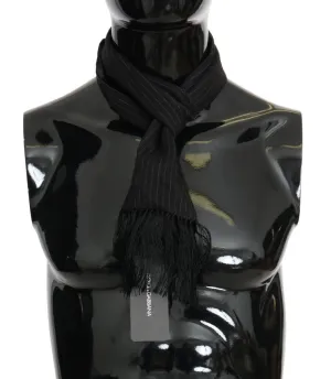 Black Wool Silk Striped Pattern Scarf