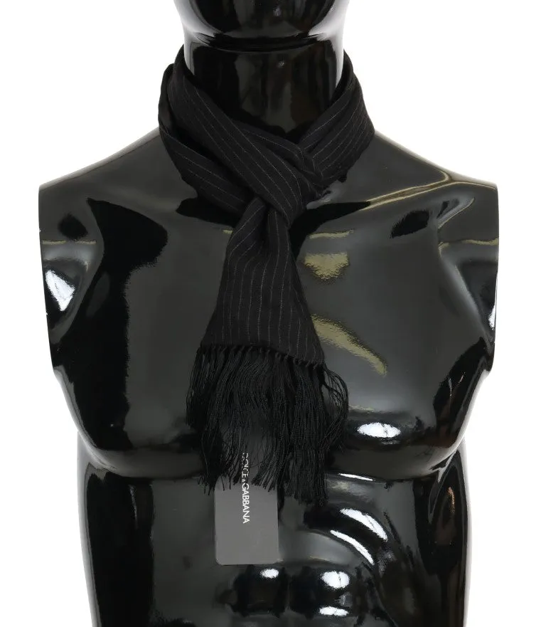 Black Wool Silk Striped Pattern Scarf