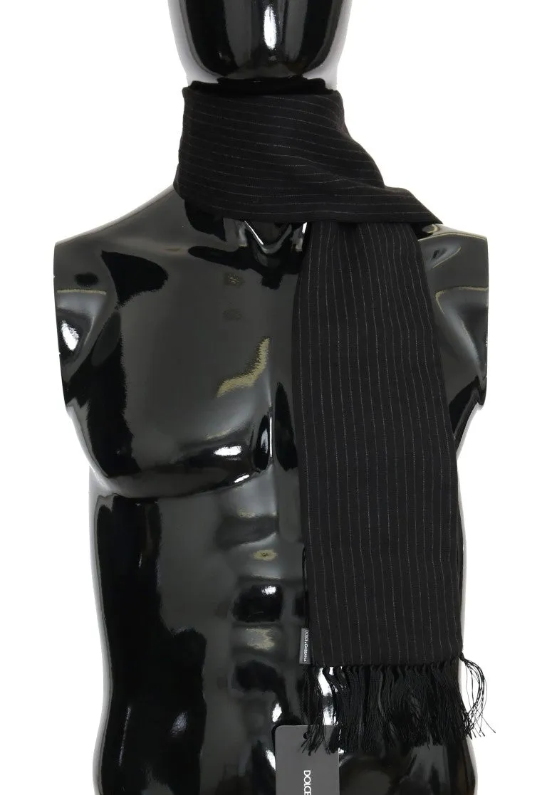 Black Wool Silk Striped Pattern Scarf