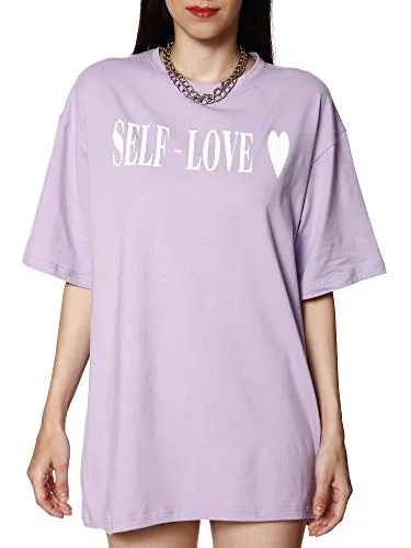 BLANCD Women's Pure Cotton Casual Oversized Round Neck Slogan Print Self Love Short Sleeve Summer Tshirt (Lavender)