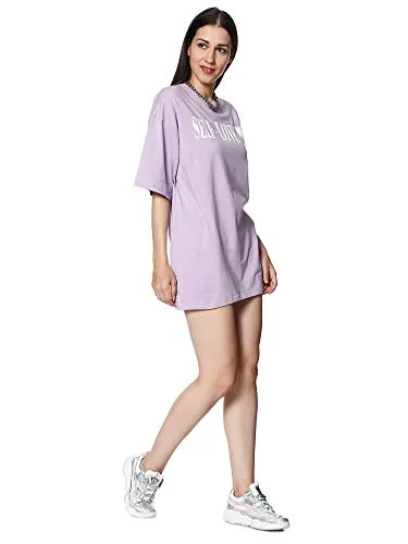 BLANCD Women's Pure Cotton Casual Oversized Round Neck Slogan Print Self Love Short Sleeve Summer Tshirt (Lavender)