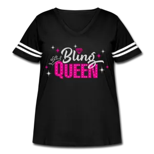 Bling Queen Striped Sleeve Women's Curvy V-Neck Vintage Sport T-Shirt Black