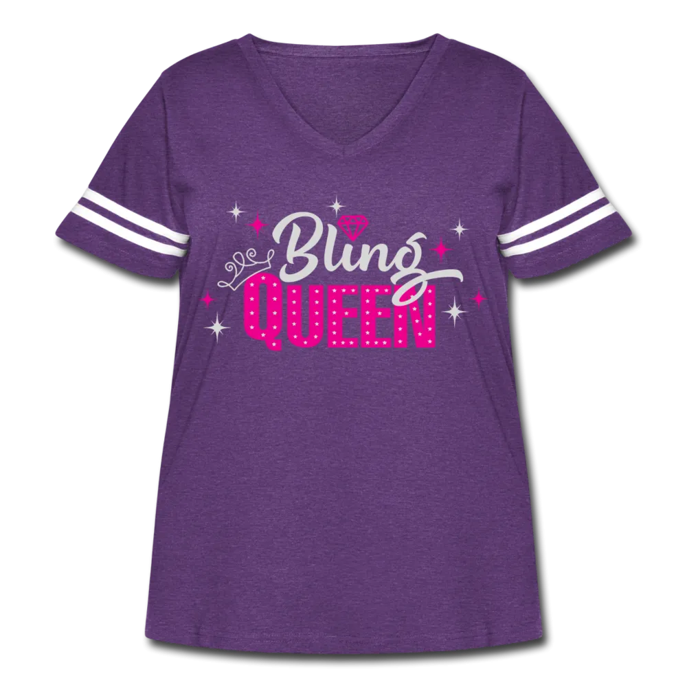 Bling Queen Striped Sleeve Women's Curvy V-Neck Vintage Sport T-Shirt Black