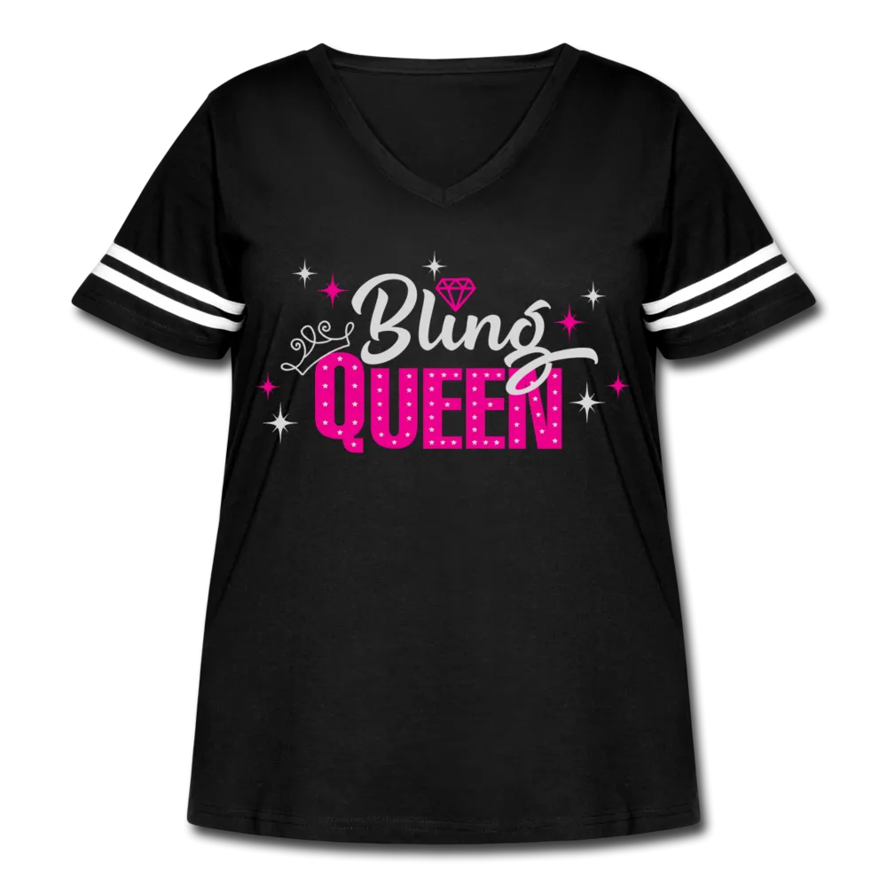 Bling Queen Striped Sleeve Women's Curvy V-Neck Vintage Sport T-Shirt Black