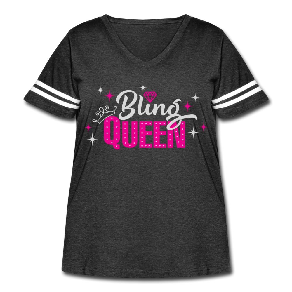 Bling Queen Striped Sleeve Women's Curvy V-Neck Vintage Sport T-Shirt Black