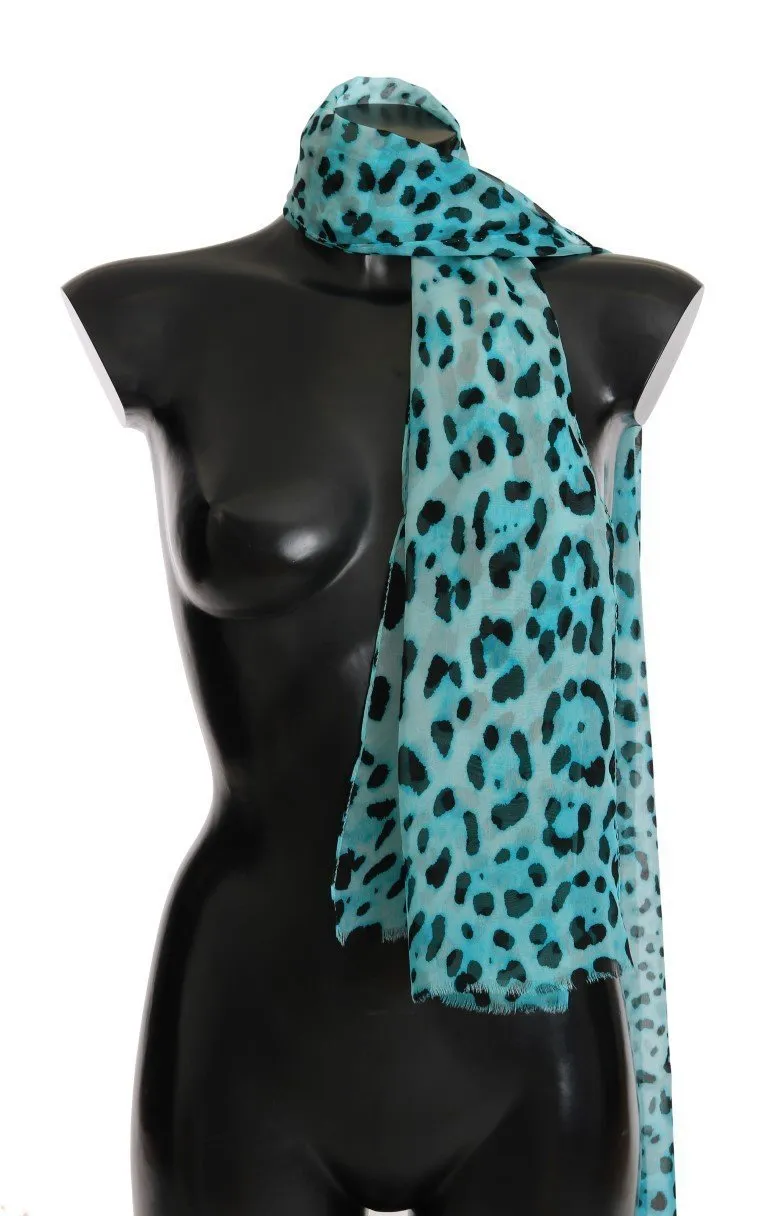 Blue Black Leopard Print Silk Scarf