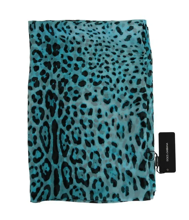 Blue Black Leopard Print Silk Scarf