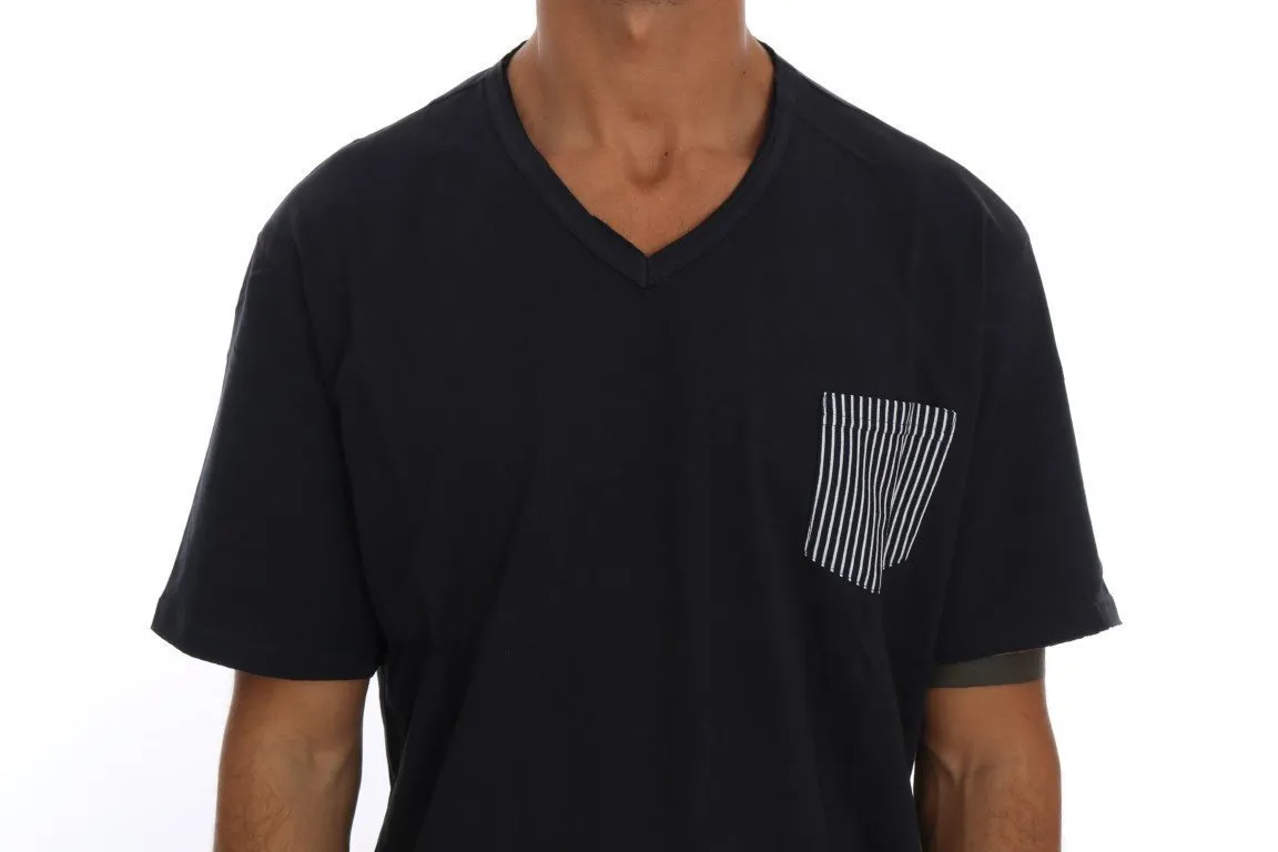 Blue Cotton V-neck T-Shirt