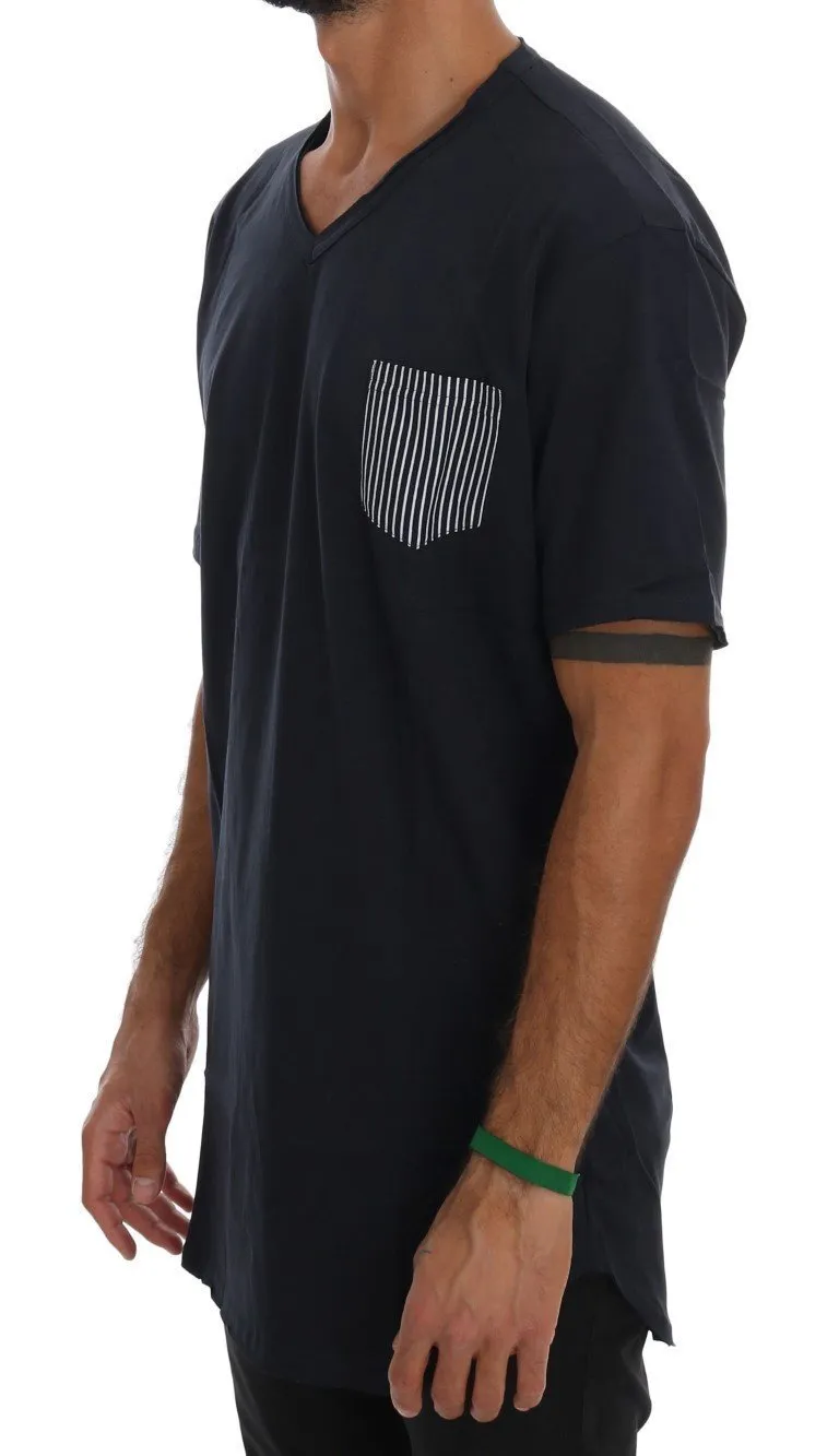 Blue Cotton V-neck T-Shirt