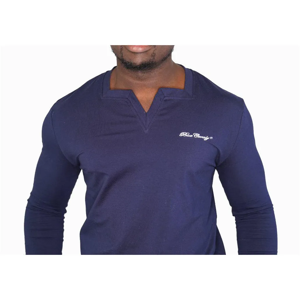 Blue Long Sleeves Square V Neck