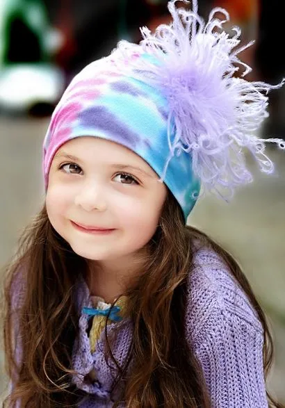Blue Pink Purple Tie Dye Hat with Lavender Large Curly Marabou