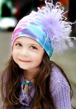 Blue Pink Purple Tie Dye Hat with Lavender Large Curly Marabou