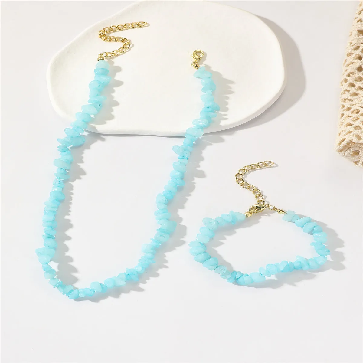 Blue Resin & 18K Gold-Plated Irregular Stone Bracelet Necklace Set