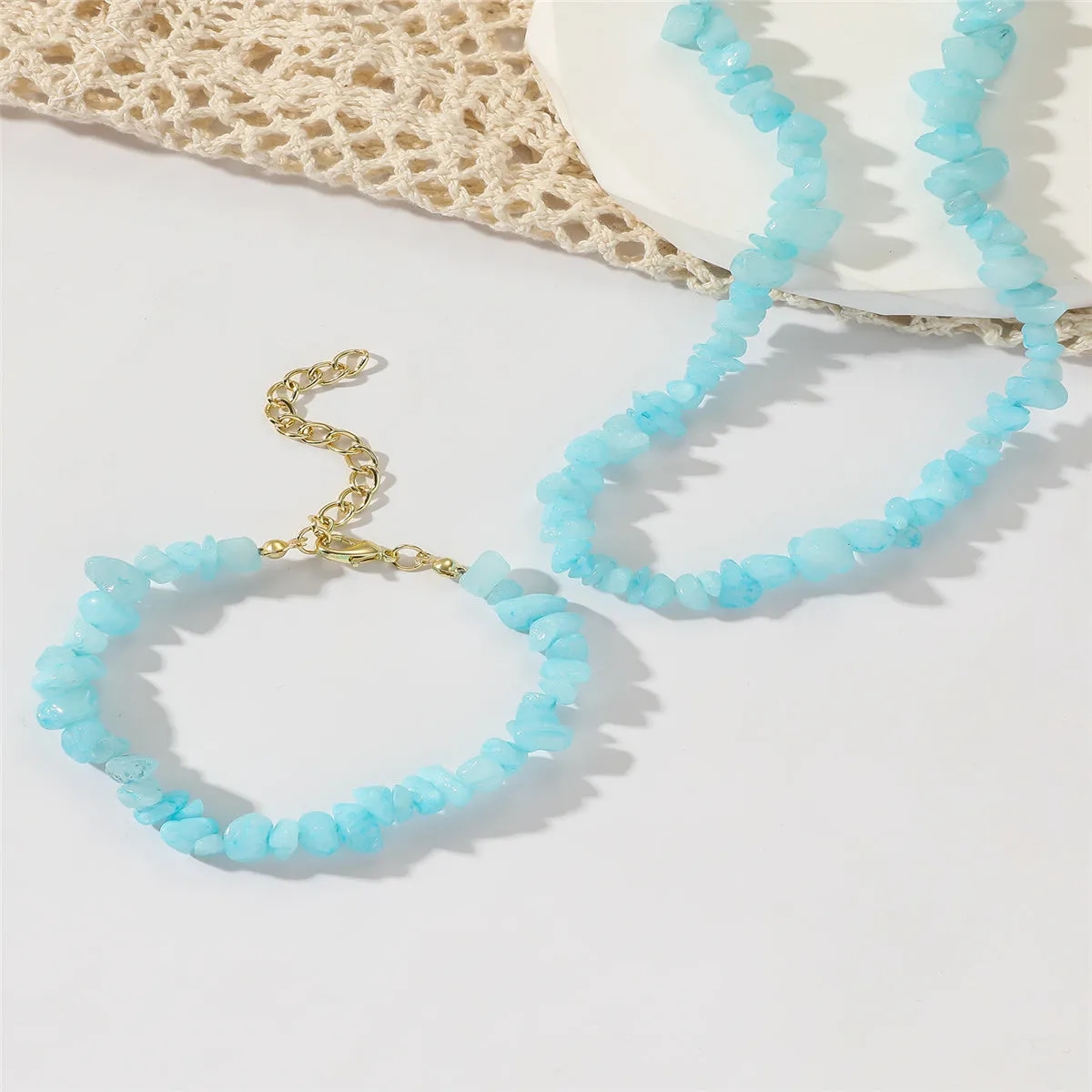 Blue Resin & 18K Gold-Plated Irregular Stone Bracelet Necklace Set