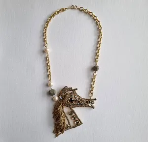 blue ribbon | Huge rhinestone horse pearl vintage chain necklace